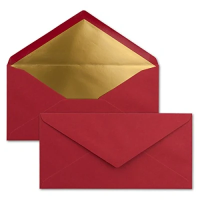 Image of &quot;NEUSER PAPIER&quot; 75 envelopes DIN long dark red with gold metallic inner lining 110 x 220 mm wet glue festive for Christmas