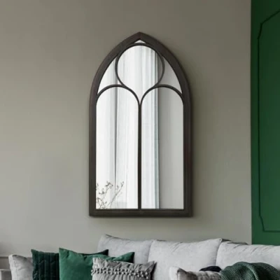 Image of The Somerley Rustic Black Metal Chapel Arched Decorative Wall or Leaner Mirror 44&quot; X 24&quot; (111CM 61CM)