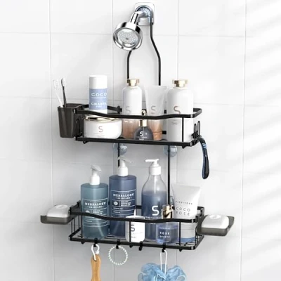 Image of Aitatty Hanging Shower Caddy Bathroom Organizer: Rustproof Shelf Racks Over Head No Drilling Inside Bath Rack Shelves Showerhead for Shampoo with Soap Holder
