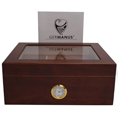 Image of GERMANUS Cigar Humidor Classic Desk for Approx. 50 Cigars, Brown, with Hygrometer and Humidifier Manual