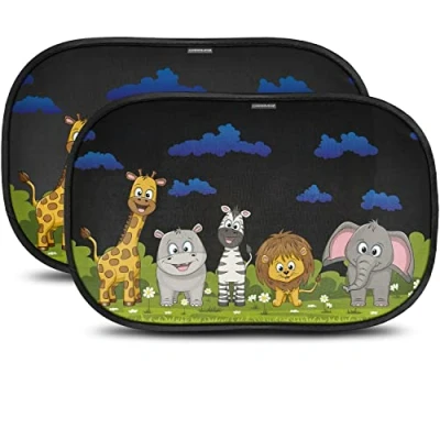 Image of Car Window Shades for Baby with Certified UV Protection Optimal Darkness Suction Cups in Universal Size 51 x 31 cm Animal Design Pack of 2