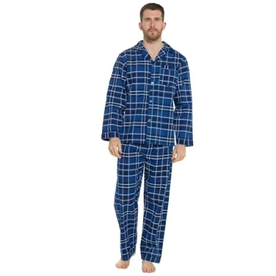 Image of Strong Souls Mens Traditional Pyjamas Blue Navy Check Extra Large