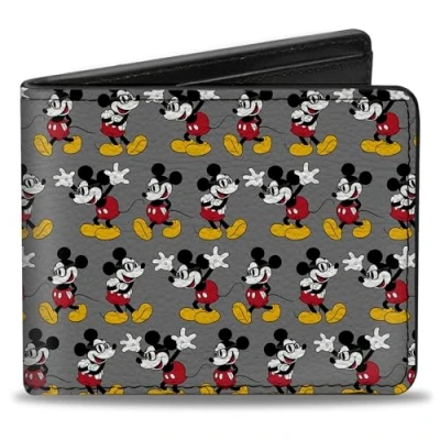 Image of Buckle Down Men&#039;s Nerdy Mickey Mouse 3 Pose Stripe Gray Bi Fold Wallet, Multicolor, Default Size