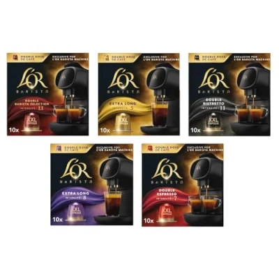 Image of L’OR Barista XXL Coffee Capsules Variety Pack Blends Inc: L&#039;OR Extra Long Intensity 5, Double Selection, Ristretto, 8, Espresso. (Pack of Total 50 Pods)