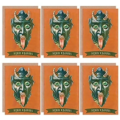 Image of Wee Blue Coo Christmas Cards x6 Krampus Anti Santa Devil Orange Merry