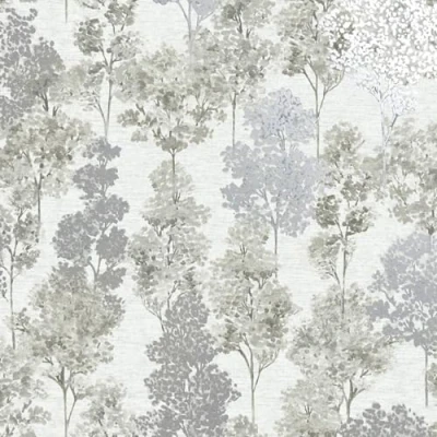 Image of SOPHIELAURENCE Grey Whinfell Tree Wallpaper Hand Painted Effect Silver Metallic Shimmer Feature Wall Paste The