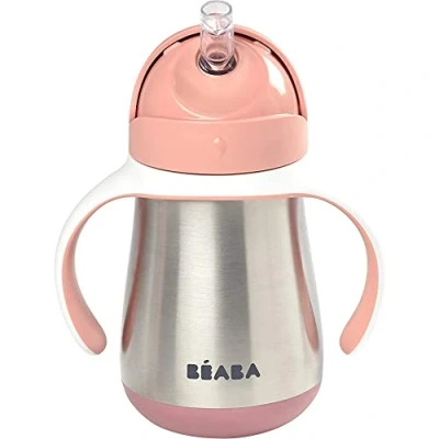 Image of BÉABA 2 in 1 Sippy cup Toddler Children’s Beaker with straw 100% Waterproof Easy to Open Removable Handles Inox 250 ml Pink