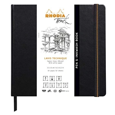 Image of RHODIA TOUCH 116127C Rigid Pen&amp;Inkwash Book 21x21 cm 64 pages Clairefontaine Paper Lavis Technique Uni Blanc 200 g/m for Drawing in Pencil, Felt Pen, Charcoal, Gouache, Ink