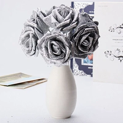 Image of Tutoy 7Pcs Artificial Bouquet Glitter Foam Flowers Wedding Bridal Party Decor DIY Rose Silver