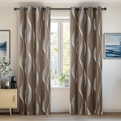 Image of Deconovo Super Soft Wave Line Foil Printed Thermal Insulated Blackout Curtains Window Treatment Eyelet for Children 55 x 94 Inch Khaki 2 Panels