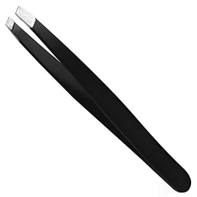 Image of TRIXES Eyebrow Tweezers Professional Slant Tip for Plucking Facial Hairs Precision Hair Removal Men &amp; Women Stainless Steel Matte Black Chin, Lip, Remover