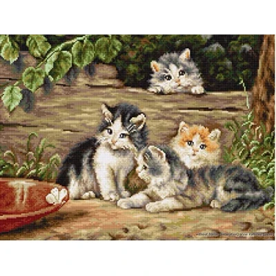 Image of Luca S B556 Cat Friends Cross Stitch Kit Cotton, Multicoloured, 36.5 x 28.5 cm