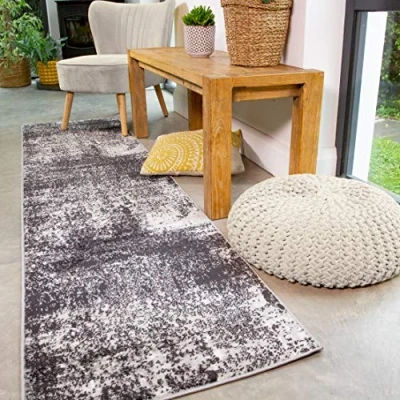 Image of Modern Monochrome Black and White Distressed Rug Runner Ombre Plush Soft Affordable Graphite Textured Abstract Living Room Area Bedroom Hallway Rugs 60cm x 240cm