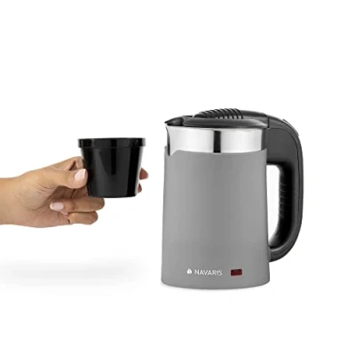 Image of Navaris Compact Electric Travel Kettle 0.5 L Jug with Dual Walls and Boil Dry Protection Small 1100W Grey Holiday w/ 2 Cups