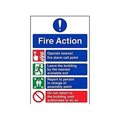 Image of V Safety 12004AU R General Fire Action Prohibition/Safe Sign Portrait 200mm x 300mm 1mm Rigid Plastic, Blue/Green/Red