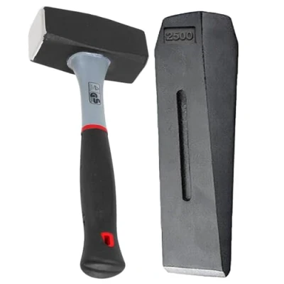 Image of SPARES2GO Log Splitter Lump Hammer 2KG Club Mallet + 6lb 10&quot; Chisel Wedge Wood Splitting Maul Kit