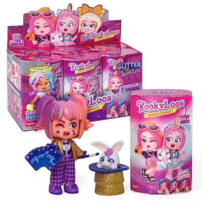 Image of KOOKYLOOS Glitter Glam series Box with 6 collectible dolls each 3 different faces. Comes fashion accessories, clothing, shoes and toys. Version A