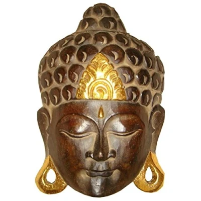 Image of Buddha Gold Wooden Face Mask Handmade in Bali, Wall Mask, Wood, multicoloured, 25 cm