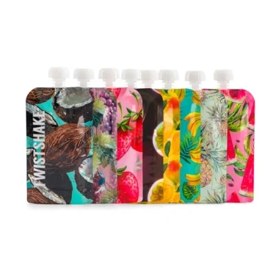 Image of Twistshake Baby Food Pouches 220ml Set of 8 Reusable Double Zip Pouch Weaning, Yoghurt, Purees &amp; Lumpy Homemade BPA Free Weaning Washable Squeeze Freezer Safe Bag Fruit Design