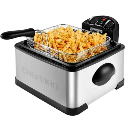 Image of Chefman 4.3 Litre Deep Fat Fryer w/Basket Strainer, XL Jumbo Size, Adjustable Temperature &amp; Timer, Perfect for Fried Chicken, Shrimp, Chips More, Removable Oil Container, Stainless Steel