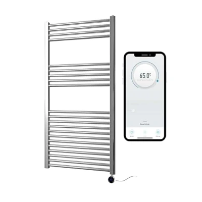 Image of Greened House Chrome Electric Smart WiFi Controlled Heated Towel Rail 600mm W x 1200mm H Flat 7 Day Programmable Timer App Compatibility