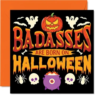 Image of Fun Birthday Cards for Men Women Badass Born on Halloween Happy Card Friend Brother Sister Cousin Auntie Uncle Mum Dad Son Daughter, 145mm x Spooky Bday Greeting