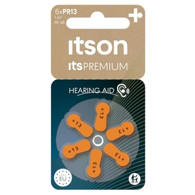 Image of ITSON, zinc air battery for over ear and in hearing aid devices, pack of 6, plastic free packaging, PR13(48) IT/6RM