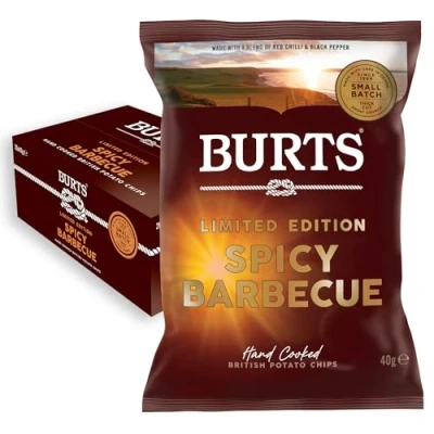 Image of Burts Spicy Barbecue Hand Cooked Crisps 20 x 40 g Multipack Box Vegetarian Friendly, Gluten Free, Hydrogenated Fat Non GMO Potato Chips