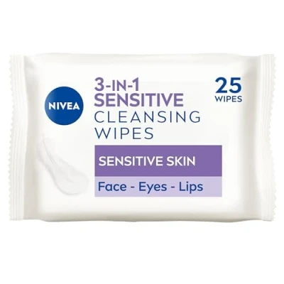 Image of NIVEA 3in1 Sensitive Cleansing Wipes (25 Wipes), Plant Based Makeup Remover Wipes, Face for Skin, Gentle yet Effective Removal (Pack of 2)