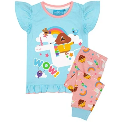 Image of Hey Duggee Cbeebies Pyjamas For Girls Blue Pink Unicorn Characters PJs With Long Or Short Bottoms Childrens Frill T Shirt &amp; Trousers Merchandise