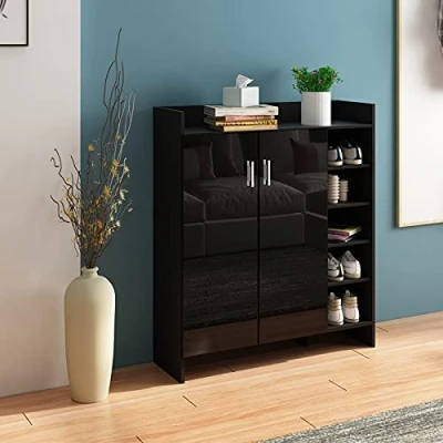 Image of AWOOOD Shoe Storage Cabinet Home Hallway Furniture 2 Doors w/Adjustable 4 Shelves Modern High Gloss Cupboard Footwear Rack Stand Organiser Black