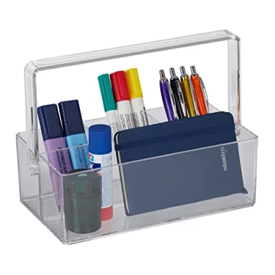 Image of Relaxdays Organiser, Desk, Handle, 4 Compartments, Storage, H x W D: 18.5 25.5 13.5 cm, Plastic, Transparent