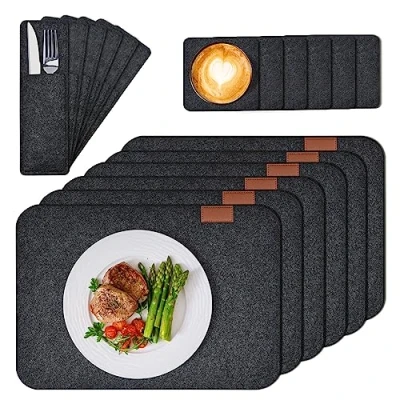 Image of MumdoYAL Washable American Placemats Set 18 Pieces, 6 Placemats, Coasters, Cutlery Pockets Charcoal Felt Coasters Set, Dark Grey, XL