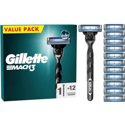 Image of Gillette Mach3 Razor for Men with Lubricated Strips + 12 Refill Blades