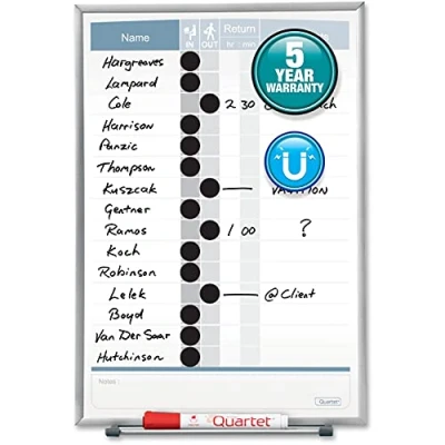 Image of Quartet Matrix in/Out Board, 11 x 16 Inches, Magnetic, Track Up to 15 Employees (33703)