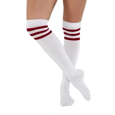 Image of New Ladies Overknee Long Rainbow Multi Colour Stripe Print Womens Thigh High Striped Cotton Over Knee Socks By Angies Fashion Ltd (WHITE/RED 3 STRIPES)