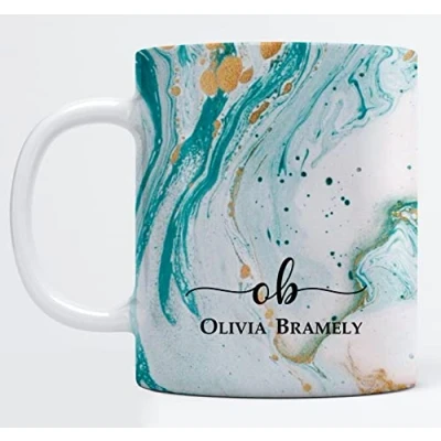 Image of EKAM Personalised Marble Mug Initial with Name Customised Gift for Mum, Dad, Kids or Girls Tea Coffee (11oz) (Cyan Gold Marble)