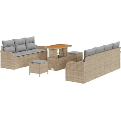 Image of vidaXL 10 Piece Garden Sofa Set with Cushions Beige Poly Rattan Acacia