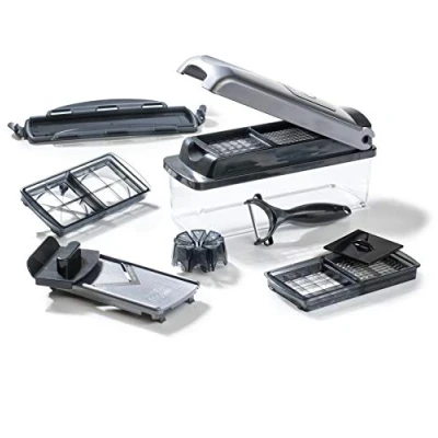 Image of Genius Nicer Dicer Plus (12 Pieces) Vegetable Cutter, Onion Chip Fruit Slicer, All purpose Dicing, Cutting, Peeling, Storage, A34141, Silver/Black