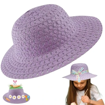 Image of Lilac Easter Bonnet Hat, Kids Straw Sun Hat for Birthday Party Summer Beach Travel Gift Dress Up Outfits, Girls, Boys, Adults DIY Activity, Size 52cm