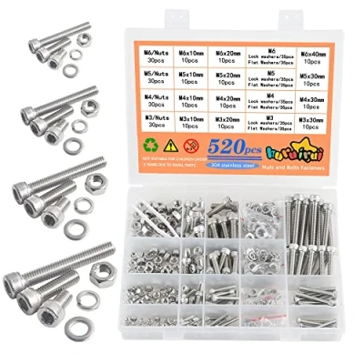 Image of huruirui 520pcs M3 M4 M5 M6 Nuts and Bolts Set 304 Stainless Hex Socket Head Cap Machine Screws Washers Assortment Kit for Fepairing Bicycle Furniture Fasteners