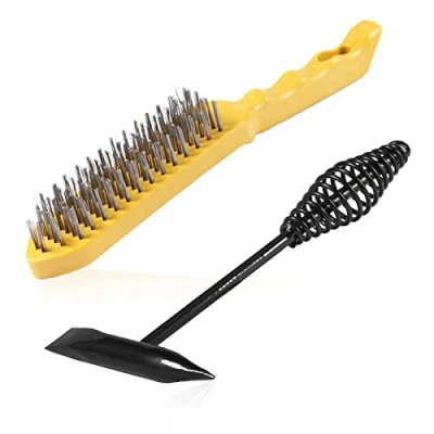 Image of LEONTOOL 10&quot; Welding Chipping Hammer and Wire Brush with Curved Wood Handle Hammers Slag Removal Tool Coil Spring Scratch for Cleaning Removing