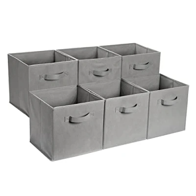 Image of Amazon Basics Collapsible Fabric Storage Cube/Organiser with Handles, Pack of 6, Solid Grey, 33 x cm