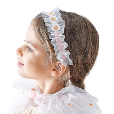 Image of Ginger Ray Girls Embroidered Daisy Headdress with White Tulle for Birthdays &amp; Costume Parties One Size