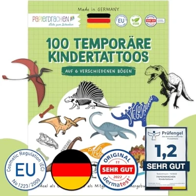 Image of 100 stick on tattoos skin friendly dinosaur for children child designs as a birthday present or gift idea vegan