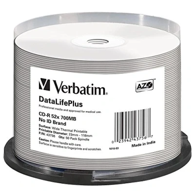 Image of Verbatim 43756 700MB 52x DataLife Plus Printable CD R Spindle 50 Pack
