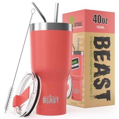 Image of Beast Tumbler 1050 ml (40 oz), Coral Pink Reusable Stainless Steel, Vacuum Insulated Cup with + 2 Straws &amp; Cleaning Brush Double Wall Travel Flask Perfect for Hot or Iced Coffee BPA Free