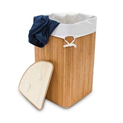 Image of Relaxdays Folding Round Laundry Basket Bin Hamper, 65 x 41 cm, 64 L, made of Bamboo, Foldable, Black