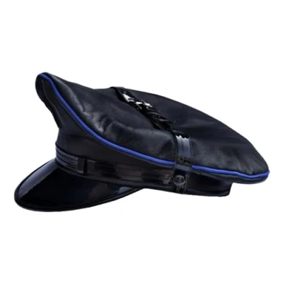 Image of N? Blue Genuine Real Leather Army Muir Biker Peak Police Military Cap Hat (Large)
