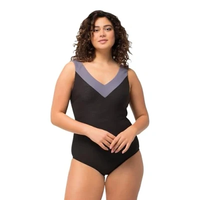 Image of Ulla Popken Women&#039;s Selma Grey Cross Swimsuit One Piece, Black, 22